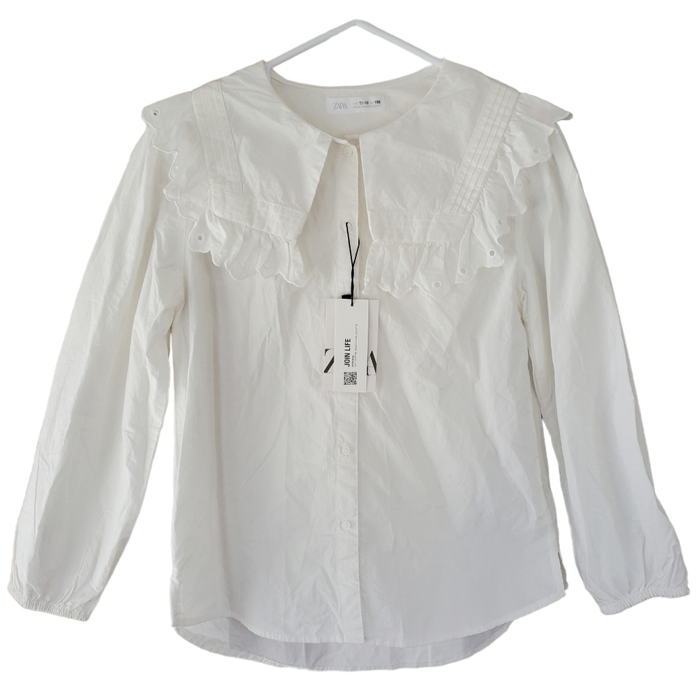 ZARA white bib blouse cotton eyelet pilgrim peasant long sleeve youth size 12